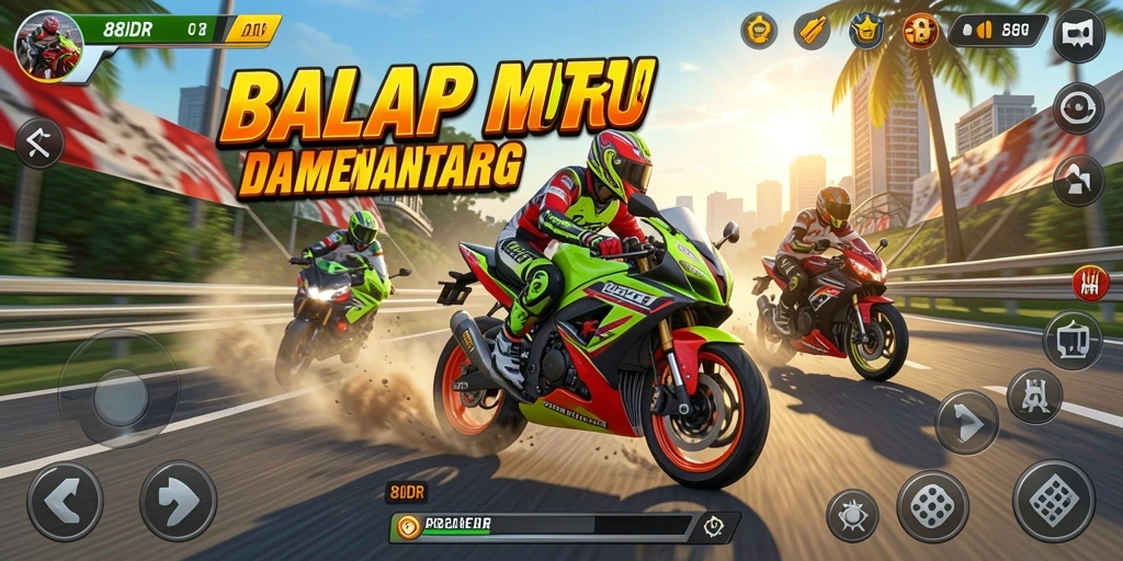 Tampilan gameplay seru di 88IDR dengan balapan motor yang cepat.