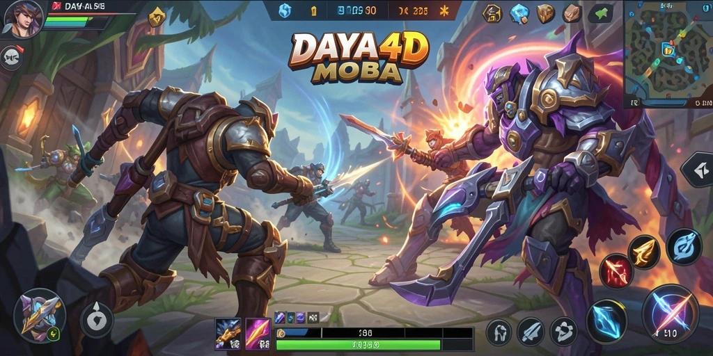 Tampilan seru dari gameplay <strong>DAYA4D</strong> dengan pertempuran antar karakter MOBA.