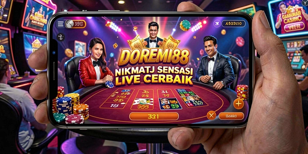 Tampilan utama gameplay DOREMI88 dengan dealer langsung di meja casino.
