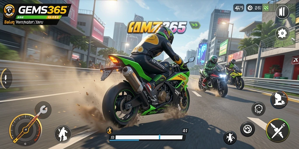 Tampilan gameplay seru di GEMS365 saat berlomba motor.