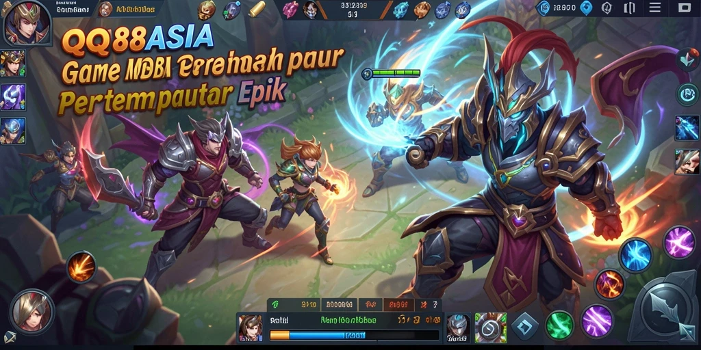 Screenshot gameplay QQ88ASIA menampilkan aksi pertempuran yang epik dan karakter yang beragam.