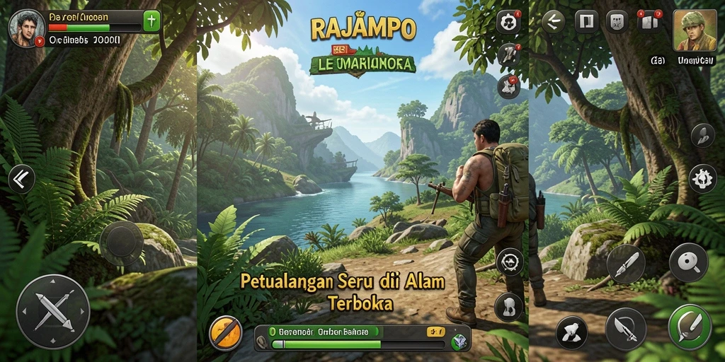 Tangkapan layar utama RAJAMPO menampilkan aksi petualangan yang mendebarkan.