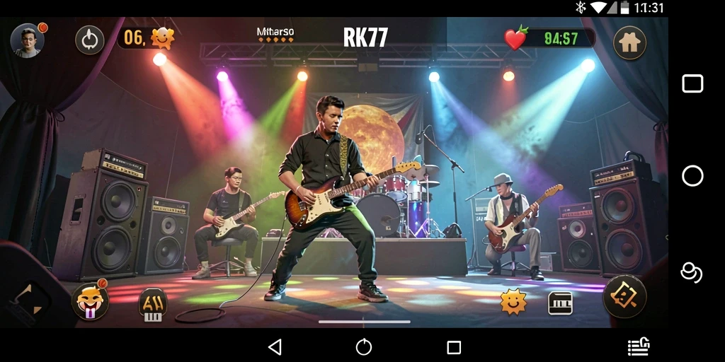 Tampilan gameplay <strong>RK77</strong> yang mengasyikkan dengan berbagai pilihan musik.
