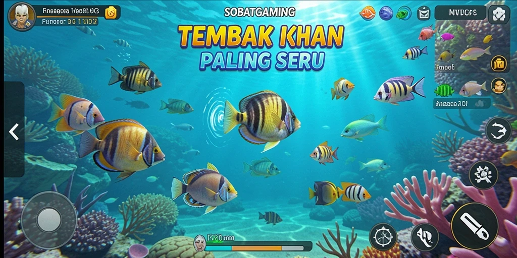 Tampilan gameplay seru SOBATGAMING dengan berbagai ikan berwarna.